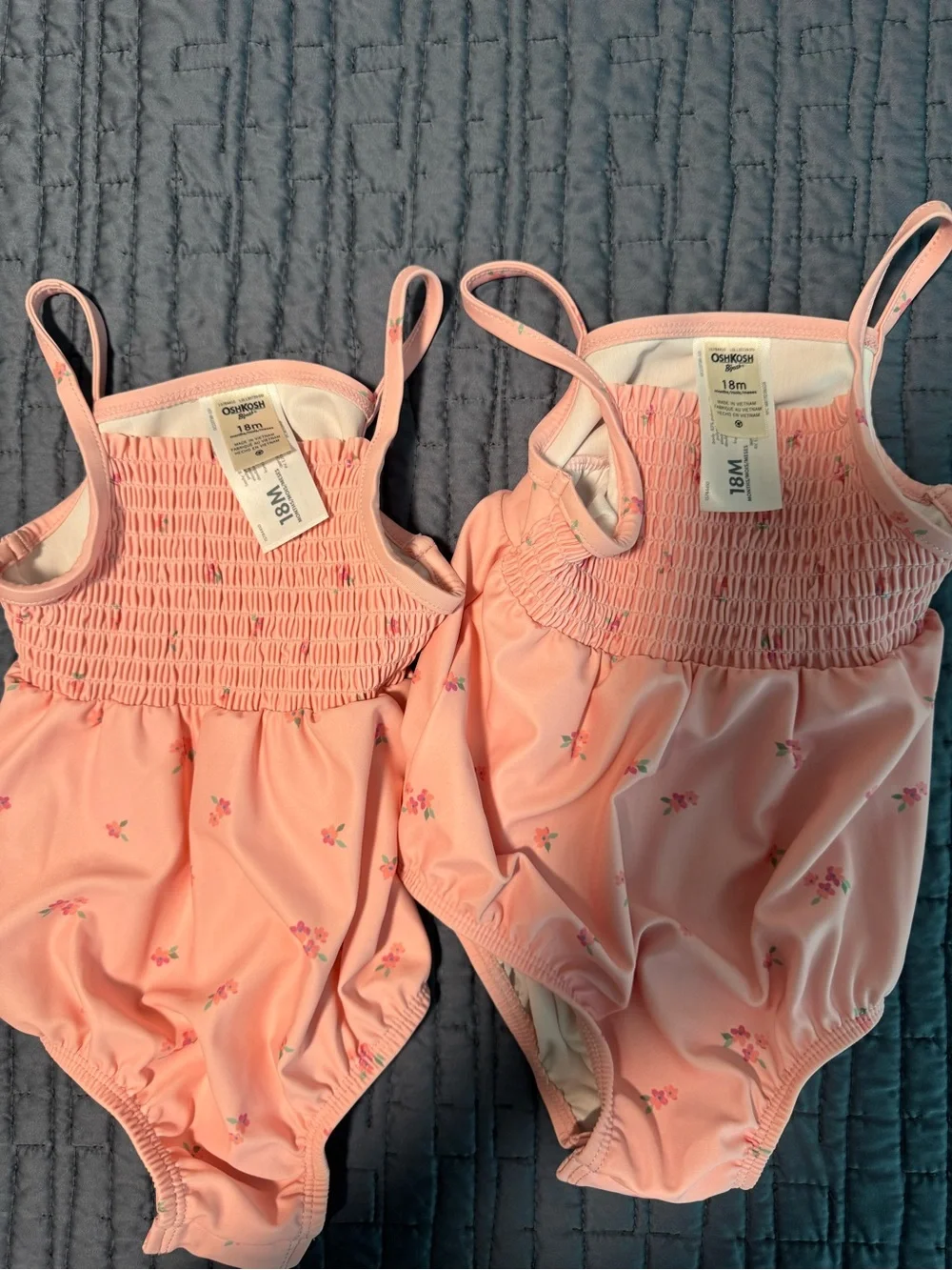 OshKosh B'gosh Peach Pink Floral Smocked One-Piece Bodysuits